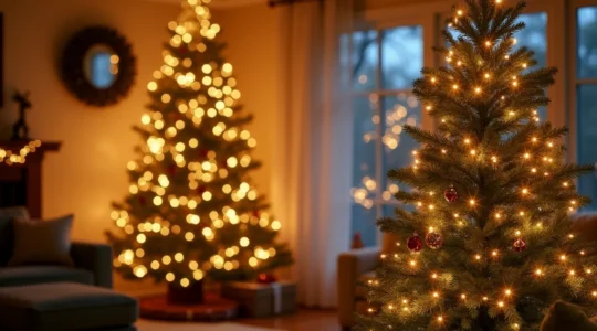Sapin de Noël magnifiquement décoré avec plusieurs couches de guirlandes lumineuses créant une profondeur et une ambiance magique