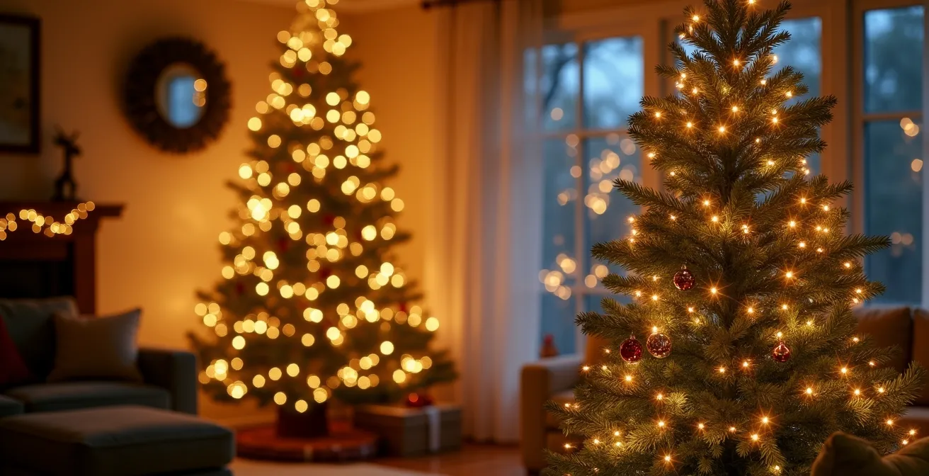 Sapin de Noël magnifiquement décoré avec plusieurs couches de guirlandes lumineuses créant une profondeur et une ambiance magique