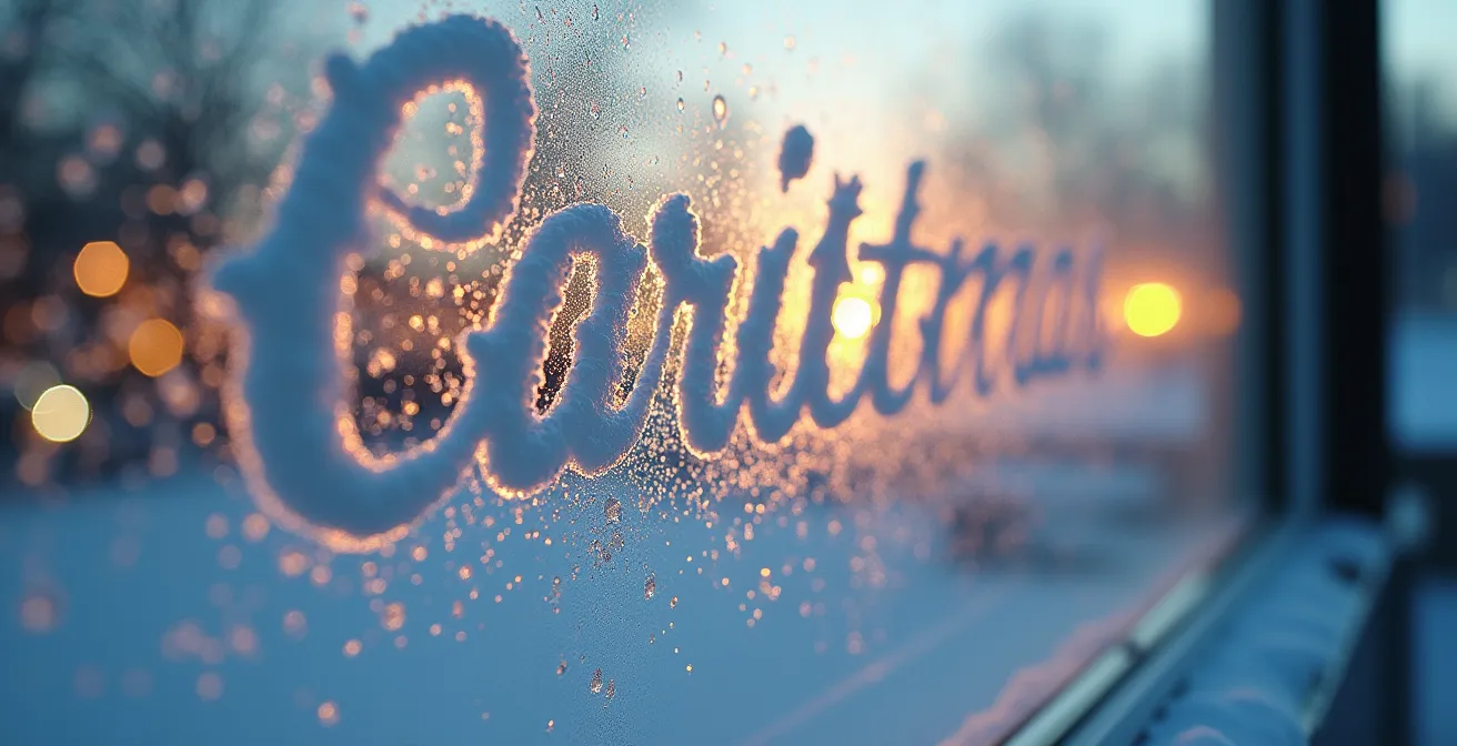 Message en calligraphie givrée sur une vitre avec effet 3D enneigé et relief, lumière douce d'hiver