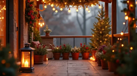 Balcon décoré pour Noël avec guirlandes lumineuses, lanternes suspendues, éléments naturels et chauffage extérieur