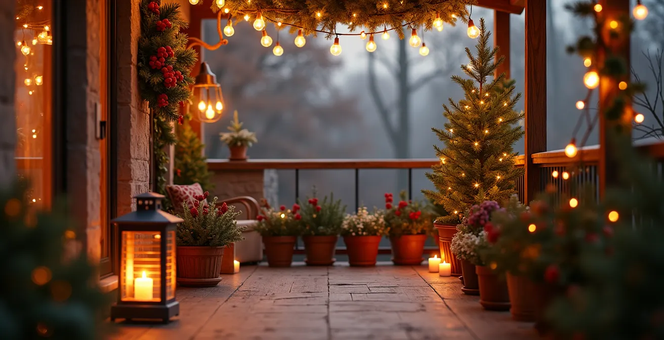 Balcon décoré pour Noël avec guirlandes lumineuses, lanternes suspendues, éléments naturels et chauffage extérieur