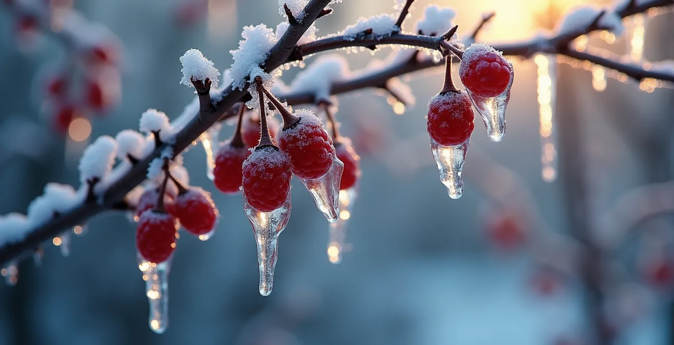 Décorations naturelles en glace avec baies et feuilles gelées dans un jardin d'hiver