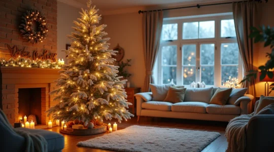 Décor de Noël avec un sapin richement floqué de neige artificielle, entouré d'un intérieur chaleureux et lumineux
