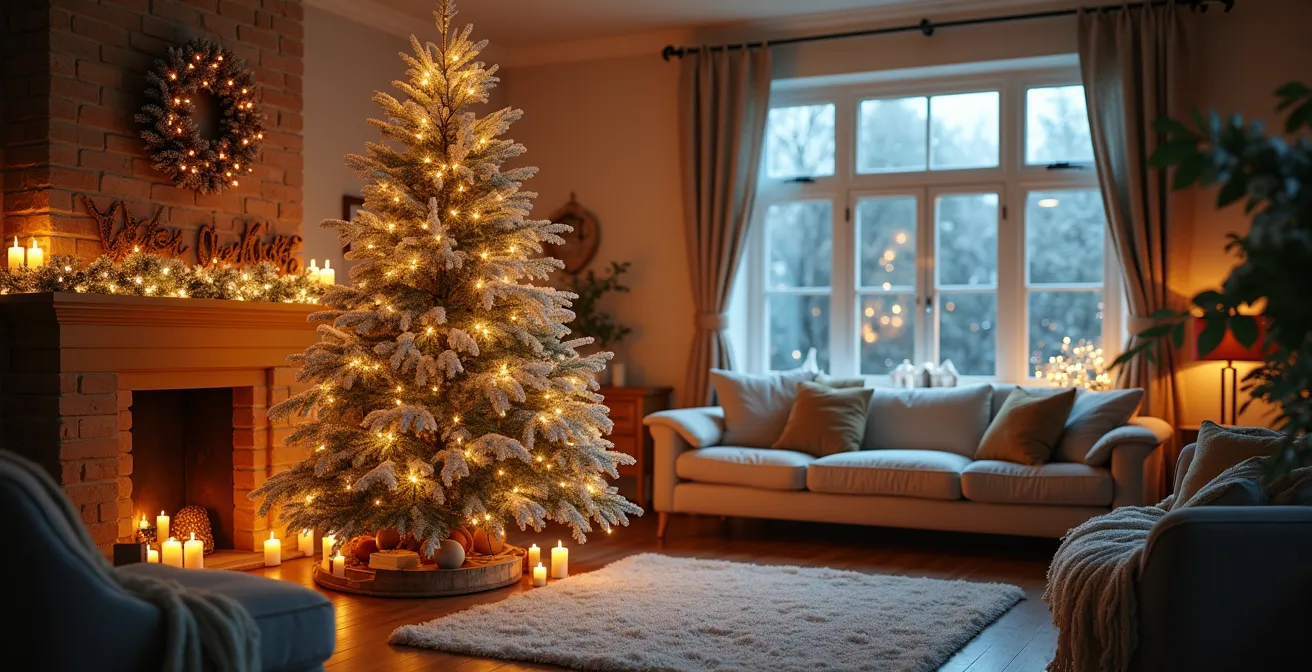 Décor de Noël avec un sapin richement floqué de neige artificielle, entouré d'un intérieur chaleureux et lumineux