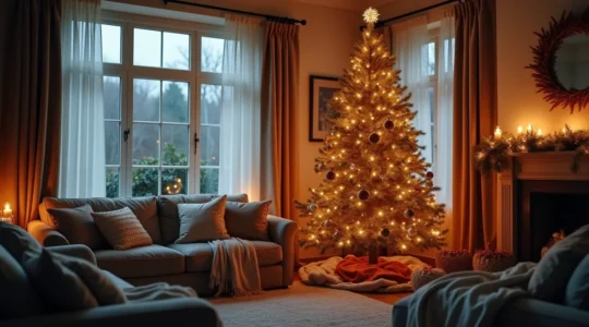Intérieur chaleureux décoré pour Noël avec lumières douces, couleurs apaisantes et ambiance cocon