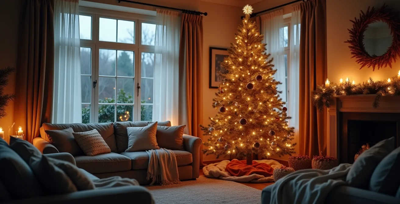 Intérieur chaleureux décoré pour Noël avec lumières douces, couleurs apaisantes et ambiance cocon