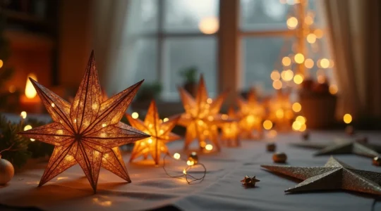 Décoration de Noël élégante en papier luxe avec éclairage subtil et textures raffinées