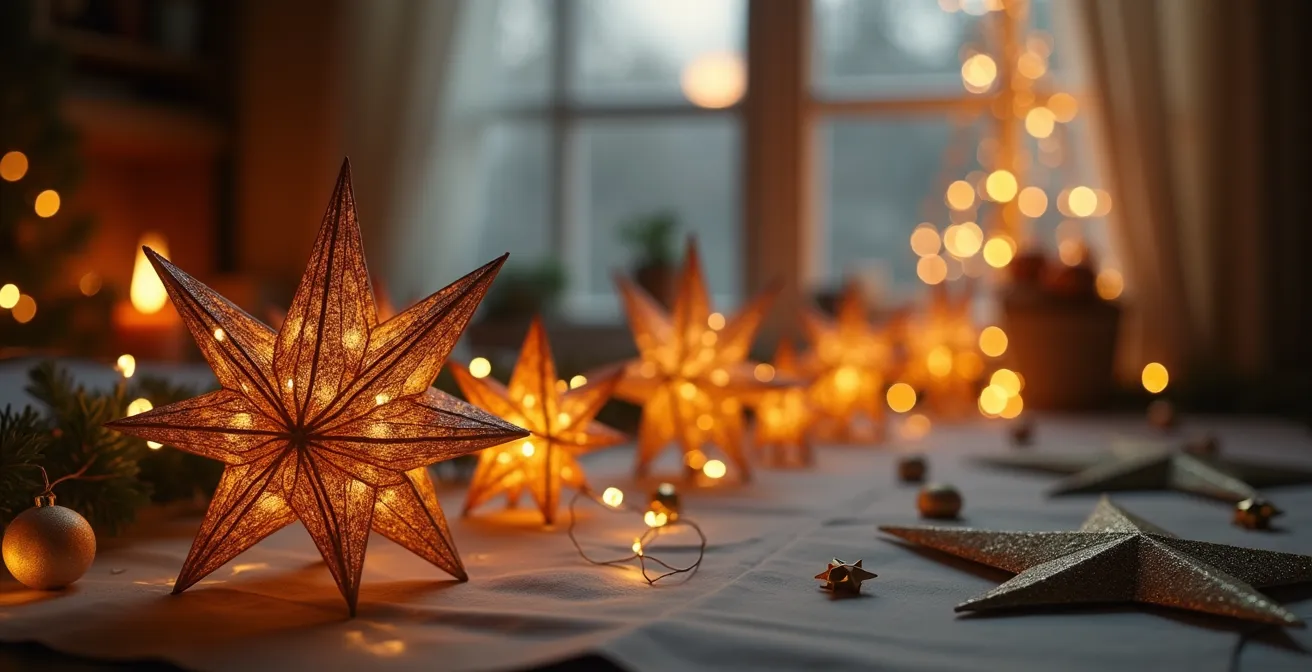 Décoration de Noël élégante en papier luxe avec éclairage subtil et textures raffinées