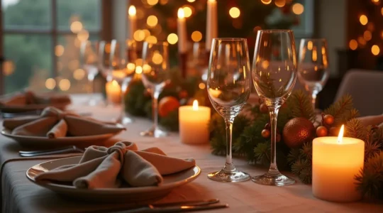 Table de Noël élégamment décorée avec éléments sensoriels et ambiance chaleureuse