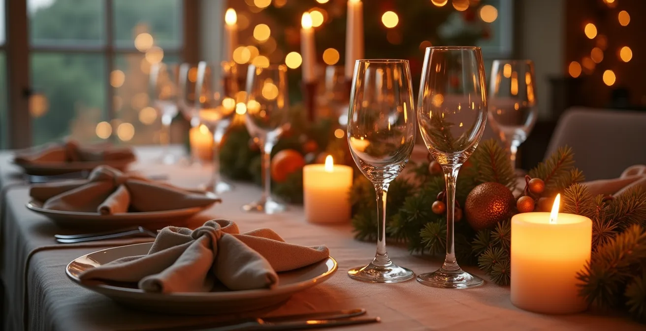 Table de Noël élégamment décorée avec éléments sensoriels et ambiance chaleureuse