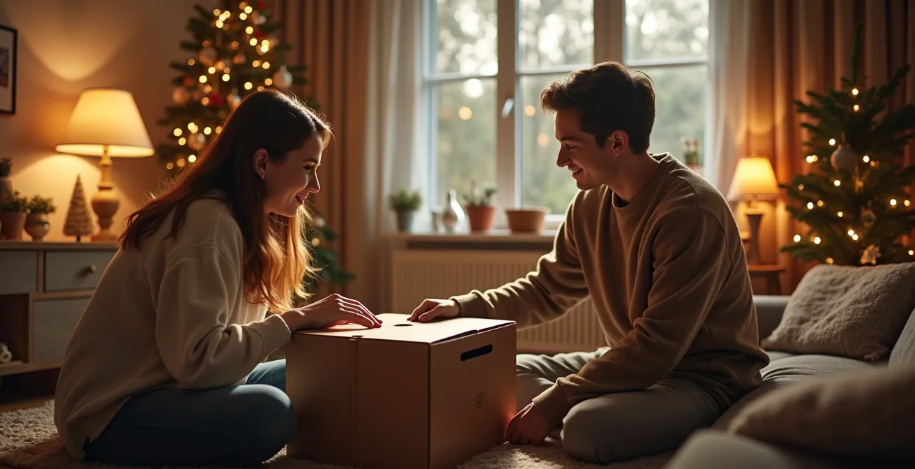 Famille réunie autour d'une boîte à dons de Noël, ambiance chaleureuse et organisée