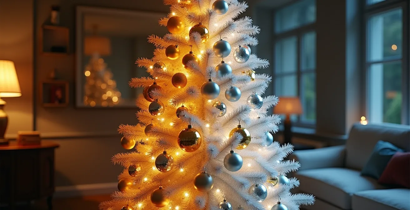 Comparaison visuelle d’un sapin éclairé en blanc chaud versus blanc froid montrant des ambiances différentes