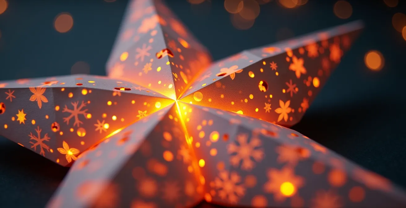 Étoile lumineuse en papier avec des détails perforés et éclairage LED dynamique