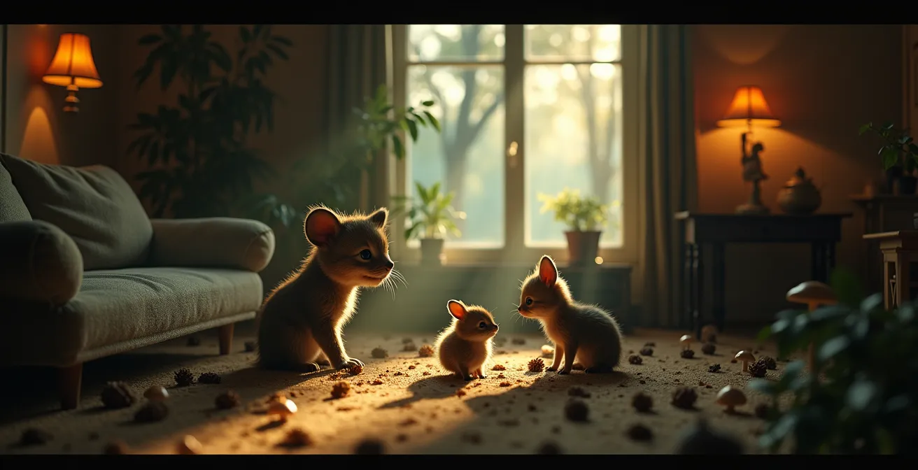 Salon décoré dans un style forêt enchantée avec figurines d'animaux, champignons, et éclairage rasant créant une illusion de profondeur