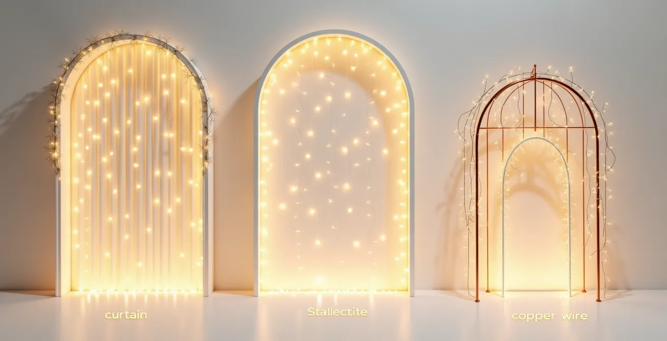 Comparaison visuelle des différentes formes de guirlandes lumineuses (rideau, stalactite, fil de cuivre) et leurs effets décoratifs