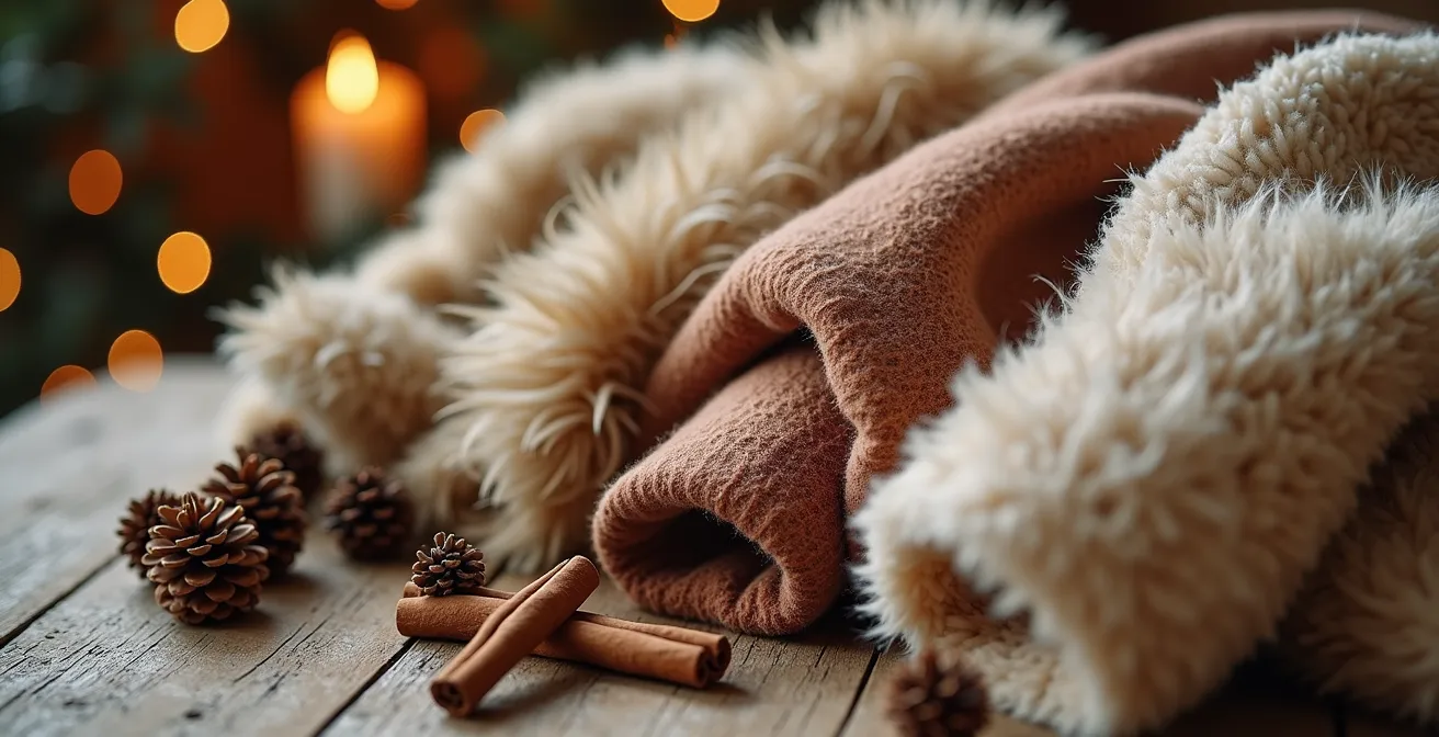 Composition de différents tissus doux comme l'alpaga, cachemire et fausse fourrure en ambiance hivernale