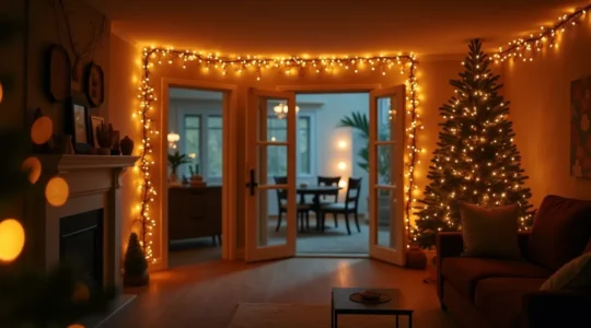 Décoration de Noël avec une guirlande lumineuse sculptant un espace intérieur chaleureux et festif