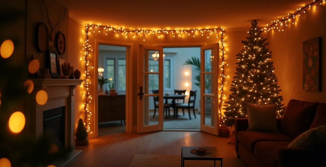Décoration de Noël avec une guirlande lumineuse sculptant un espace intérieur chaleureux et festif
