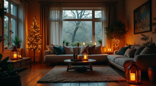 Intérieur de maison transformé en forêt enchantée pour Noël avec des lumières douces, des éléments naturels et une ambiance féerique