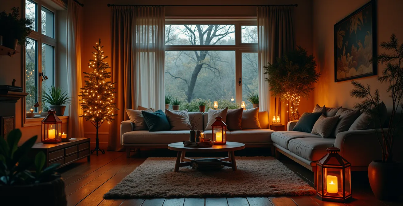 Intérieur de maison transformé en forêt enchantée pour Noël avec des lumières douces, des éléments naturels et une ambiance féerique
