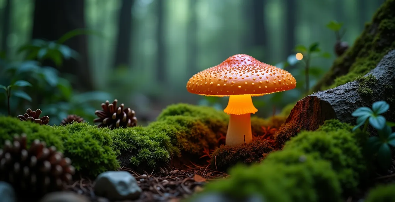 Reconstitution réaliste d'un sous-bois mystérieux dans un salon avec éclairage subtil et éléments naturels