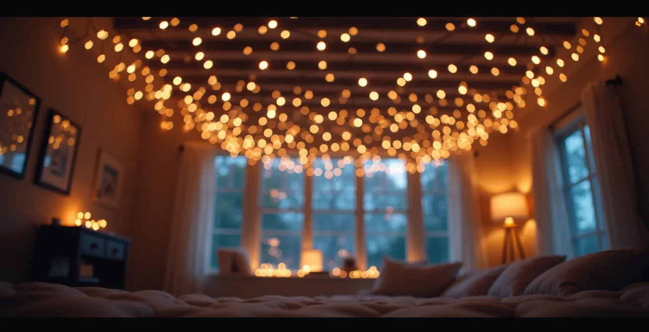 Vue artistique d'un plafond décoré en ciel étoilé avec des guirlandes LED réparties aléatoirement