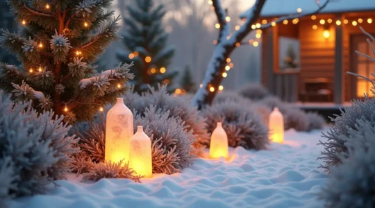 Jardin d'hiver décoré pour les fêtes avec éléments naturels et éclairage respectueux de l'environnement