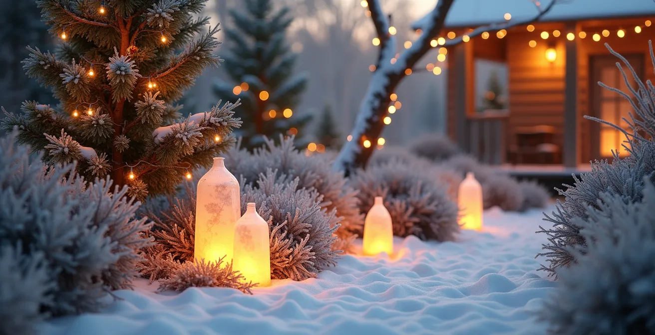Jardin d'hiver décoré pour les fêtes avec éléments naturels et éclairage respectueux de l'environnement