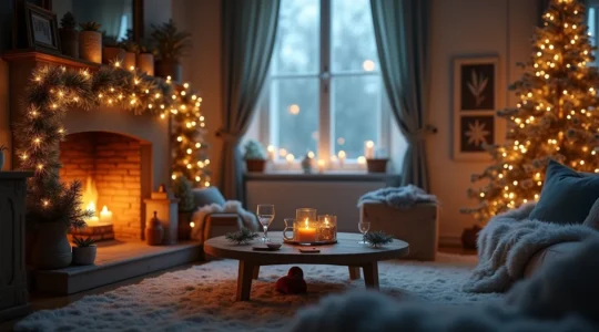 Intérieur cosy avec décorations de Noël évoquant la fraîcheur hivernale douce et chaleureuse