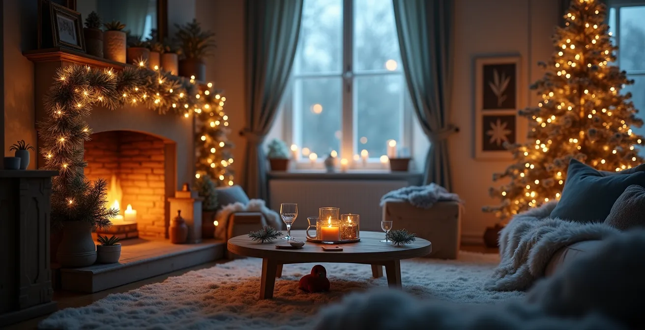 Intérieur cosy avec décorations de Noël évoquant la fraîcheur hivernale douce et chaleureuse