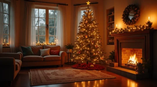 Intérieur de maison décoré pour Noël avec une ambiance immersive et narrative illustrant un conte de Noël