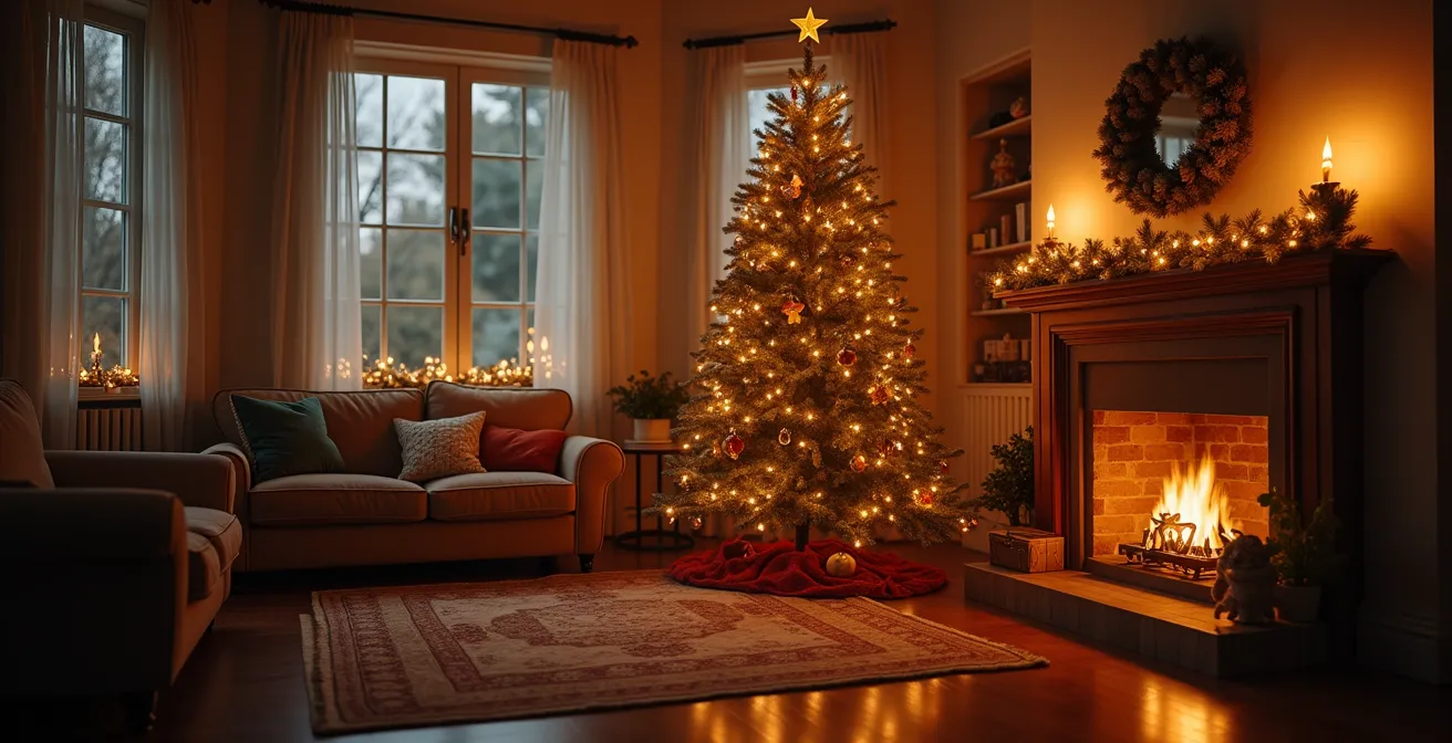 Intérieur de maison décoré pour Noël avec une ambiance immersive et narrative illustrant un conte de Noël
