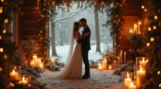 Couple de mariés en hiver dans un décor féérique avec neige, lumières douces et ambiance chaleureuse