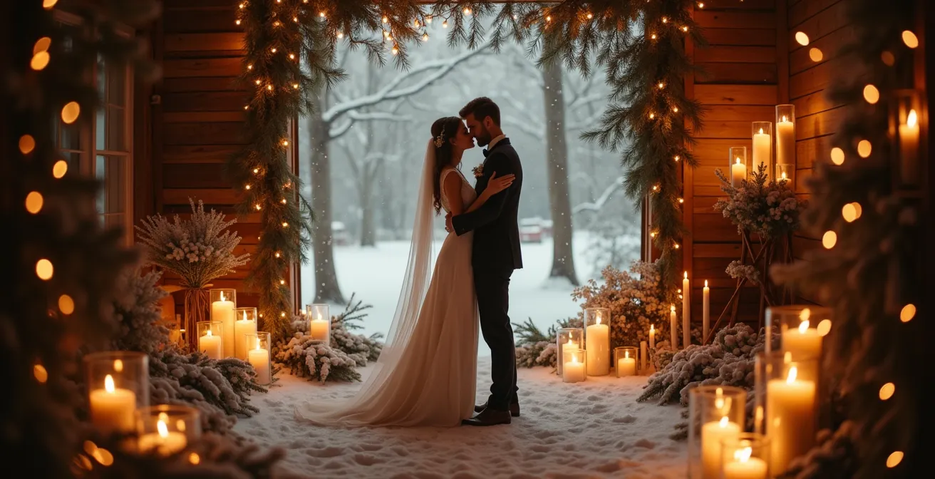 Couple de mariés en hiver dans un décor féérique avec neige, lumières douces et ambiance chaleureuse