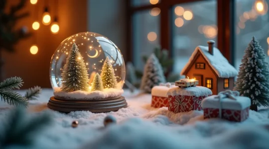 Scène hivernale féerique avec plusieurs usages créatifs de neige décorative représentant une table avec mini-paysages enneigés, boules à neige géantes, objets décorés de neige et paquets cadeaux enneigés