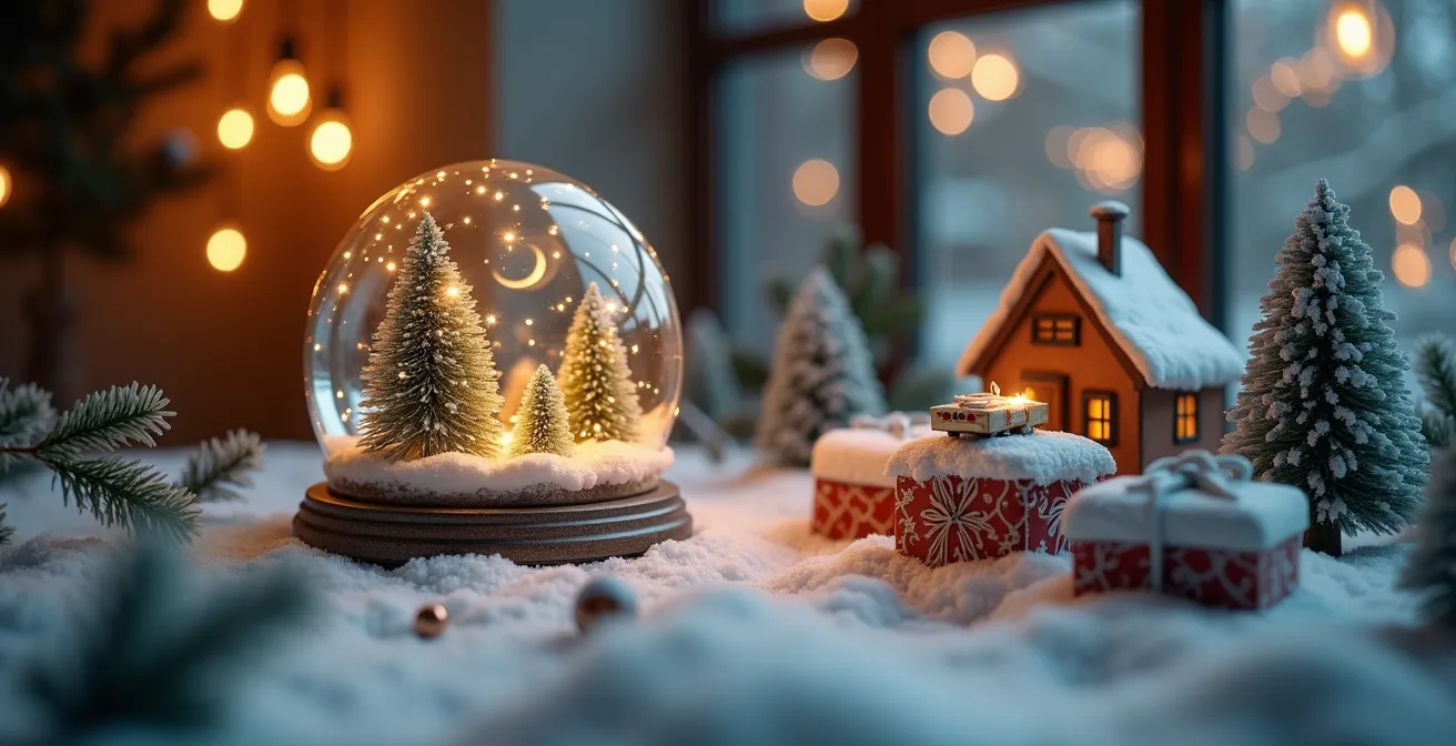 Scène hivernale féerique avec plusieurs usages créatifs de neige décorative représentant une table avec mini-paysages enneigés, boules à neige géantes, objets décorés de neige et paquets cadeaux enneigés