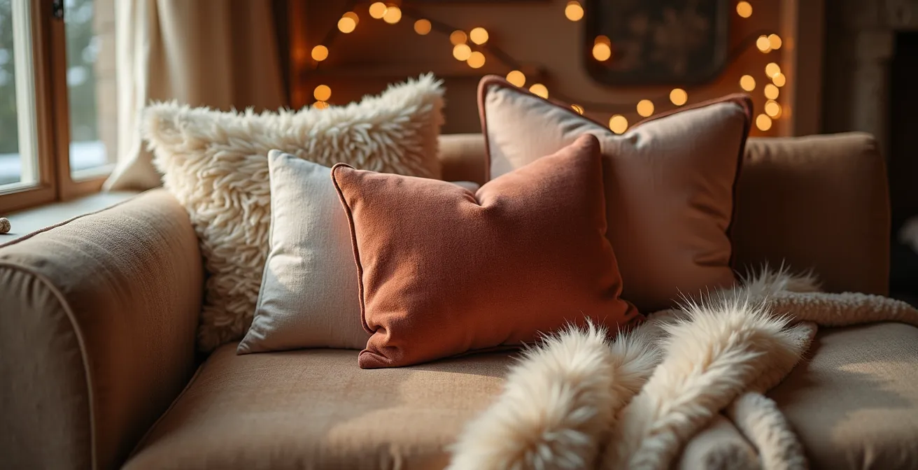 Détails de matières luxueuses et naturelles pour un mariage hivernal avec velours, bois et fausse fourrure
