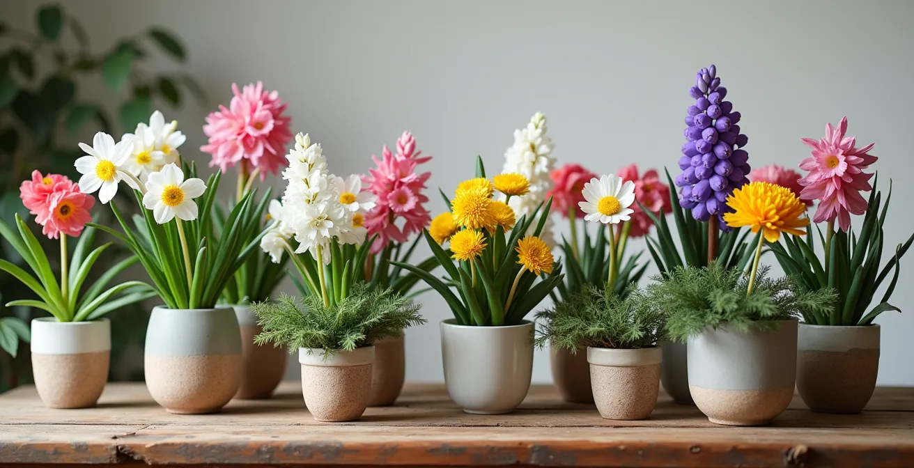 Plantes d'hiver en fleurs pour Noël, dont hellébores, jacinthes et kalanchoés colorés