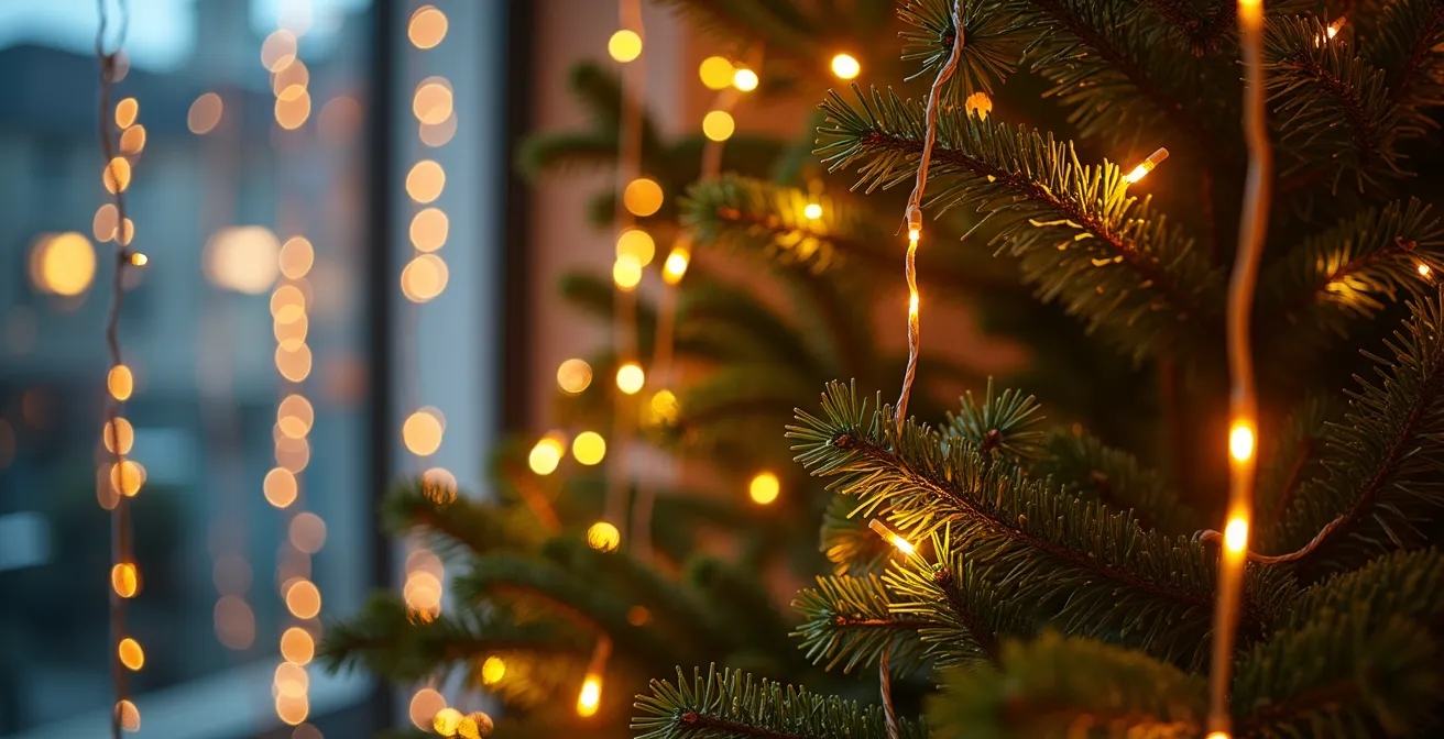 Sapin de Noël avec guirlande lumineuse posée verticalement créant un rideau de lumière élégant et structuré