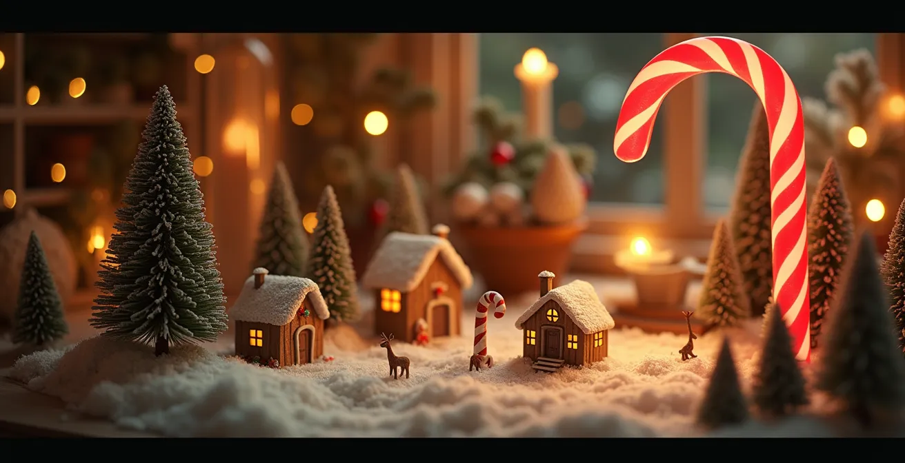 Scène décorative de Noël féerique avec objets miniatures et géants, éclairage chaleureux et ambiance enchantée