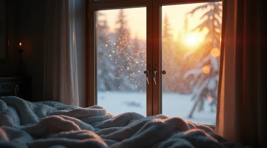 Une scène intérieure chaleureuse où une fenêtre givrée laisse entrevoir un paysage enneigé, avec des flocons scintillants qui tombent doucement sous une lumière dorée, créant une ambiance hivernale réaliste et magique.