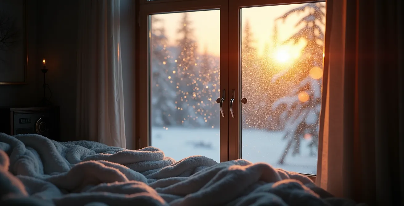 Une scène intérieure chaleureuse où une fenêtre givrée laisse entrevoir un paysage enneigé, avec des flocons scintillants qui tombent doucement sous une lumière dorée, créant une ambiance hivernale réaliste et magique.