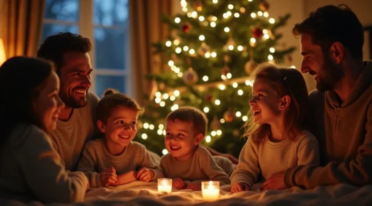 Scène chaleureuse et festive d'une famille réunie autour d'un grand sapin de Noël décoré, avec des éclairages doux et des sourires partagés.