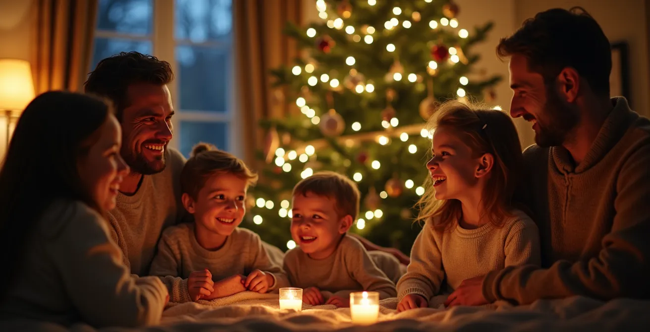 Scène chaleureuse et festive d'une famille réunie autour d'un grand sapin de Noël décoré, avec des éclairages doux et des sourires partagés.