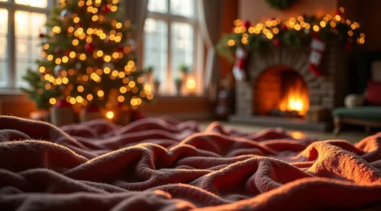 Composition chaleureuse de décoration de Noël avec tissus variés, sapin décoré et ambiance cosy