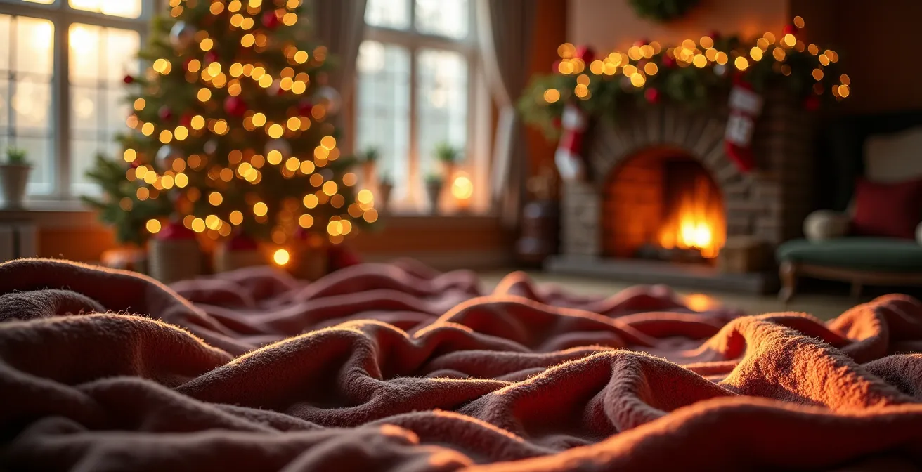 Composition chaleureuse de décoration de Noël avec tissus variés, sapin décoré et ambiance cosy