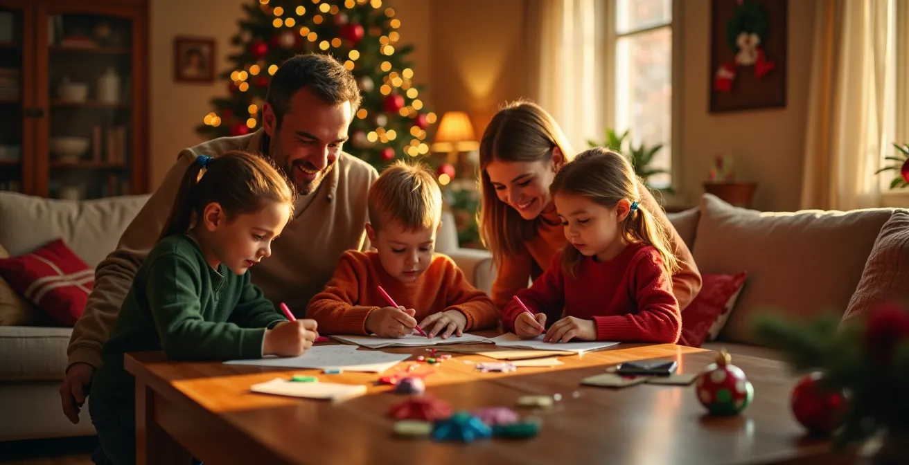 Famille réunie autour d'une table décorée avec des activités de création de décorations et rituels de Noël