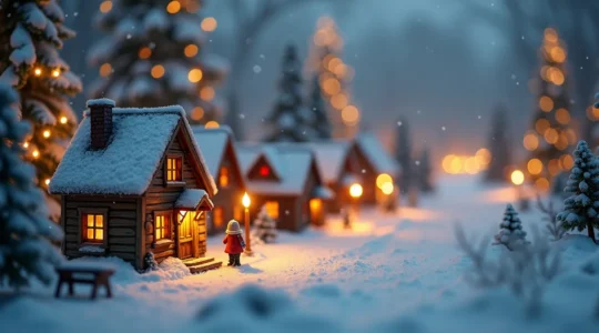 Scène hivernale féérique avec un tapis de neige nappant un village de Noël lumineux