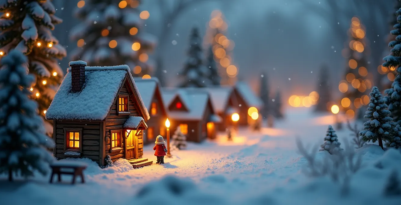 Scène hivernale féérique avec un tapis de neige nappant un village de Noël lumineux