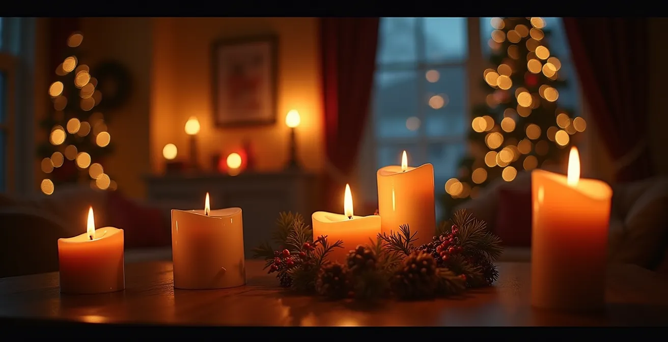 Intérieur de pièce de Noël avec trois sources lumineuses distinctes créant des ambiances variées
